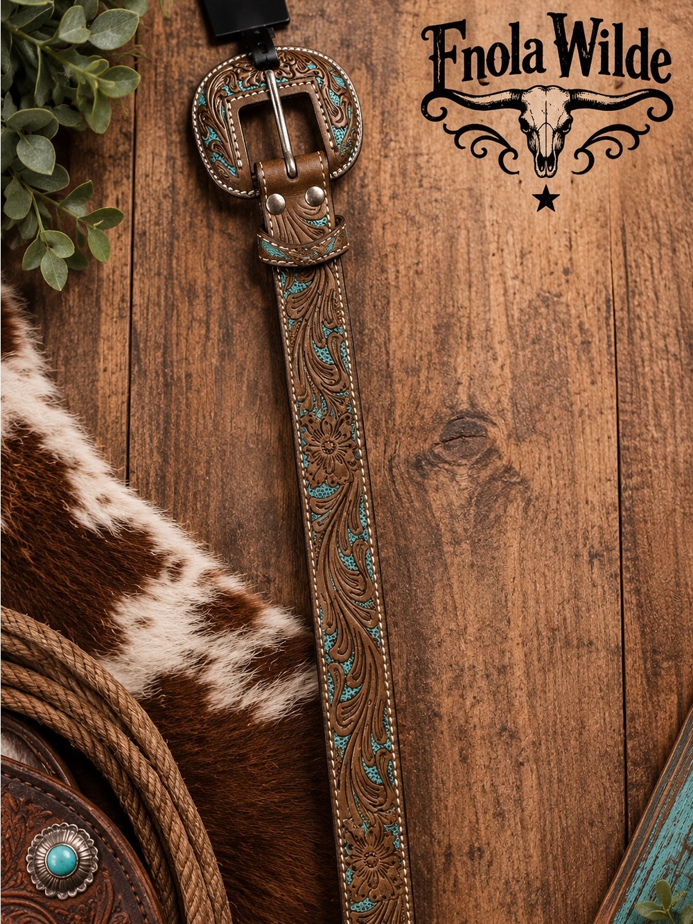 Myra Brown Tooled Leather Belt with Turquoise Accents